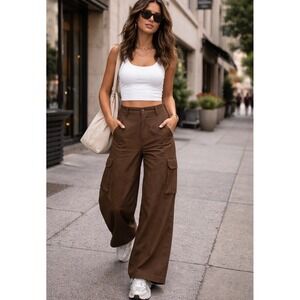 Alo Yoga Women Espresso Brown High Waist Wide Leg Cargo Pants Size Small Utility